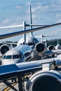 Busy airport tarmac traffic before airplanes take off Royalty Free Stock Photo