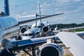 Busy airport tarmac traffic before airplanes take off Royalty Free Stock Photo