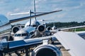 Busy airport tarmac traffic before airplanes take off Royalty Free Stock Photo