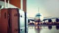 Luggage in airport terminal with airplane in the background. Travel concept