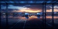 Busy airport view with airplanes and service vehicles