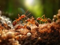 busy ant colony working together to carry tiny pieces of food back to their underground nest
