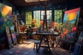 A busy artists studio filled with various easels and numerous paintings in progress, A vibrant artist\'s studio filled with