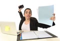 Busy attractive woman in business suit working in stress desperate overwhelmed Royalty Free Stock Photo