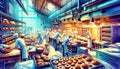 Busy Bakery Interior with Workers and Ovens