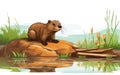 A Busy Beaver Building a Dam Near a River Isolated -Generative Ai Royalty Free Stock Photo