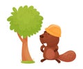 Busy Beaver Standing Near the Tree Wearing Helmet Vector Illustration Royalty Free Stock Photo