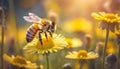 A busy bee buzzes among the bright yellow daisies, spreading pollen from the herbaceous plants as the warm sun shines down on the Royalty Free Stock Photo