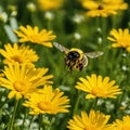 A busy bee buzzes among the bright yellow daisies, spreading pollen from the herbaceous plants as the warm sun shines down on the