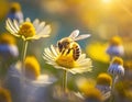 A busy bee buzzes among the bright yellow daisies, spreading pollen from the herbaceous plants as the warm sun shines down on the