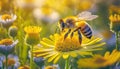 A busy bee buzzes among the bright yellow daisies, spreading pollen from the herbaceous plants as the warm sun shines down on the Royalty Free Stock Photo