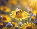 A busy bee buzzes among the bright yellow daisies, spreading pollen from the herbaceous plants as the warm sun shines down on the