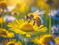 A busy bee buzzes among the bright yellow daisies, spreading pollen from the herbaceous plants as the warm sun shines down on the