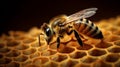 Busy bee on golden honeycomb with copy space