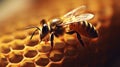 Busy bee on golden honeycomb with copy space