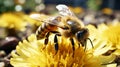 Busy bee pollinates yellow flower in summer Royalty Free Stock Photo