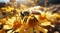 Busy bee pollinates yellow flower in summer Royalty Free Stock Photo