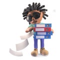 Busy black rasta man with dreadlocks drops files from folders, 3d illustration Royalty Free Stock Photo