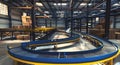 Busy Blue and Yellow Conveyor Belt Warehouse