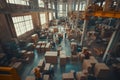 Busy building with people and boxes, possibly a warehouse or distribution center Royalty Free Stock Photo