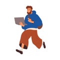 Busy business person hurrying, running, walking with laptop computer in hands. Hectic active man freelancer late with