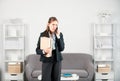 Busy business woman, secretary girl working alone late in office. Angry sad secretary, upset accountant employee talking Royalty Free Stock Photo