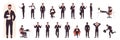 Busy businessman character in various poses set, entrepreneur in suit sitting at table