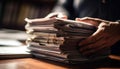 Busy businessman filing paperwork on cluttered desk generated by AI Royalty Free Stock Photo