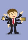 Busy Businessman Multitasking with Multiple Arms Vector Cartoon