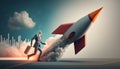 The busy businessman and rocket shot into space. Concept of successful career or business goal achievement