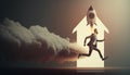 The busy businessman running and rocket shot into space. Concept of successful career or business goal achievement