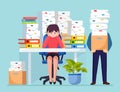 Busy businessman with stack of documents in carton, cardboard box. Business woman working at desk.  Office interior with computer Royalty Free Stock Photo