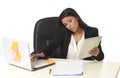 Busy businesswoman suffering stress working at office computer desk worried desperate Royalty Free Stock Photo