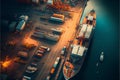 Busy cargo port with ships terminal aerial view