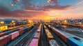 Busy cargo train station at sunset with vibrant colors