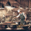 Busy Chef Cooking in Restaurant Kitchen with Hanging Pots and Pans