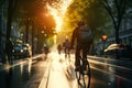 Busy city commute Cyclists pedal through crowded streets, urban motion