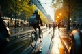 Busy city commute Cyclists pedal through crowded streets, urban motion