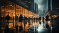 Busy city life, walking through illuminated architecture generated by AI