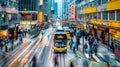Busy city street with tram and pedestrians at dusk Royalty Free Stock Photo