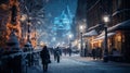 Busy city streets with people walking on cold and snowy Winter Night