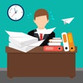 Flat style vector illustration. Busy cluttered office table.