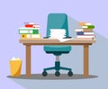 Busy cluttered office table. Office interior with papers, books and a document on the table. Flat design