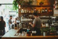 Busy Coffee Shop Ambiance with Patrons and Baristas. Resplendent. Royalty Free Stock Photo