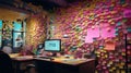 A busy, colorful office with a wall of Post-it notes listing tasks is described as organized chaos