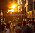 Busy crowds of people in motion walking down 14th Street in Manhattan, New York City NYC Royalty Free Stock Photo