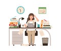 Busy female office worker or clerk sitting at desk completely covered with documents. Woman working at laptop overtime