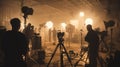 Busy Film Set Captured in Warm Tones, Crew at Work with Cameras and Lights. Behind-the-Scenes of a Movie Production. AI