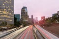 Busy freway through downtown Los Angeles at sunset in autumn