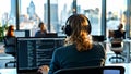 Modern office with programmers collaborating in a vibrant city environment